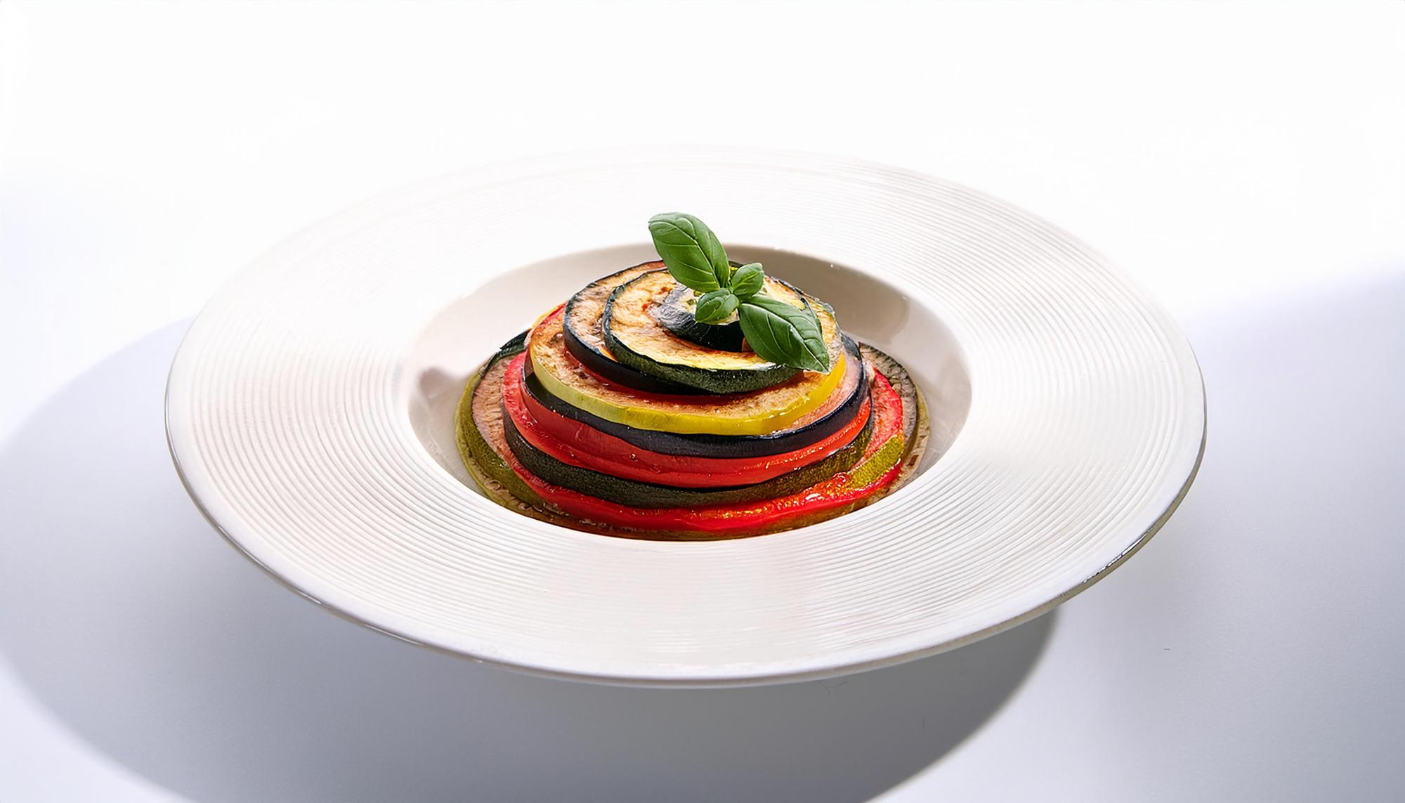 Plated seasonal starter in studio lighting