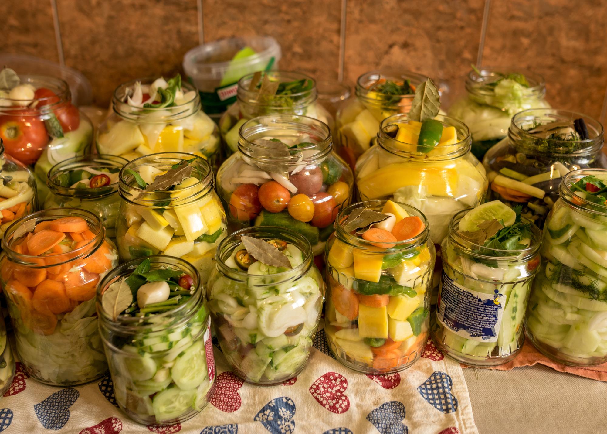 Assortment of jars with pickles and ferments