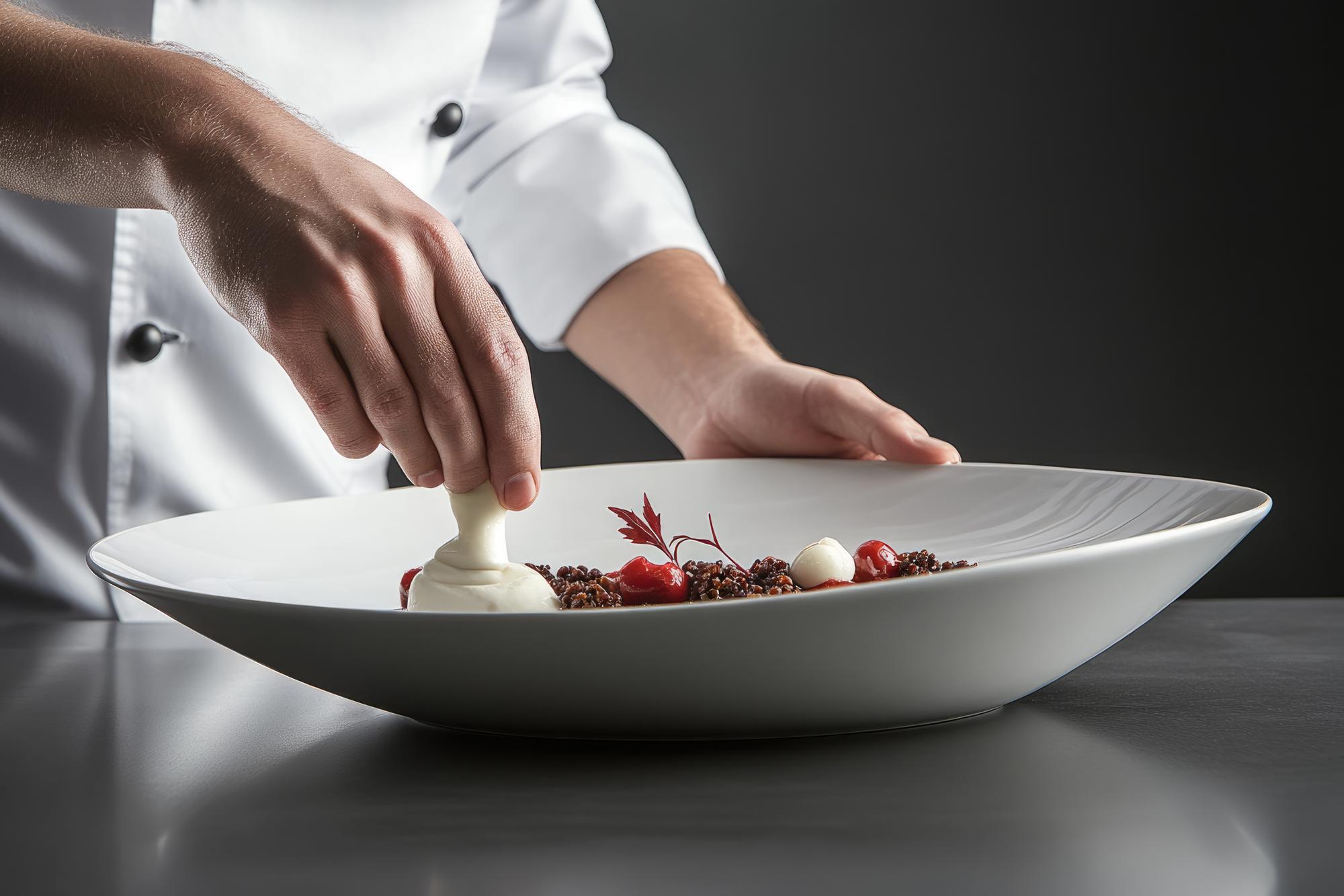 Chef arranging plated dish on slate